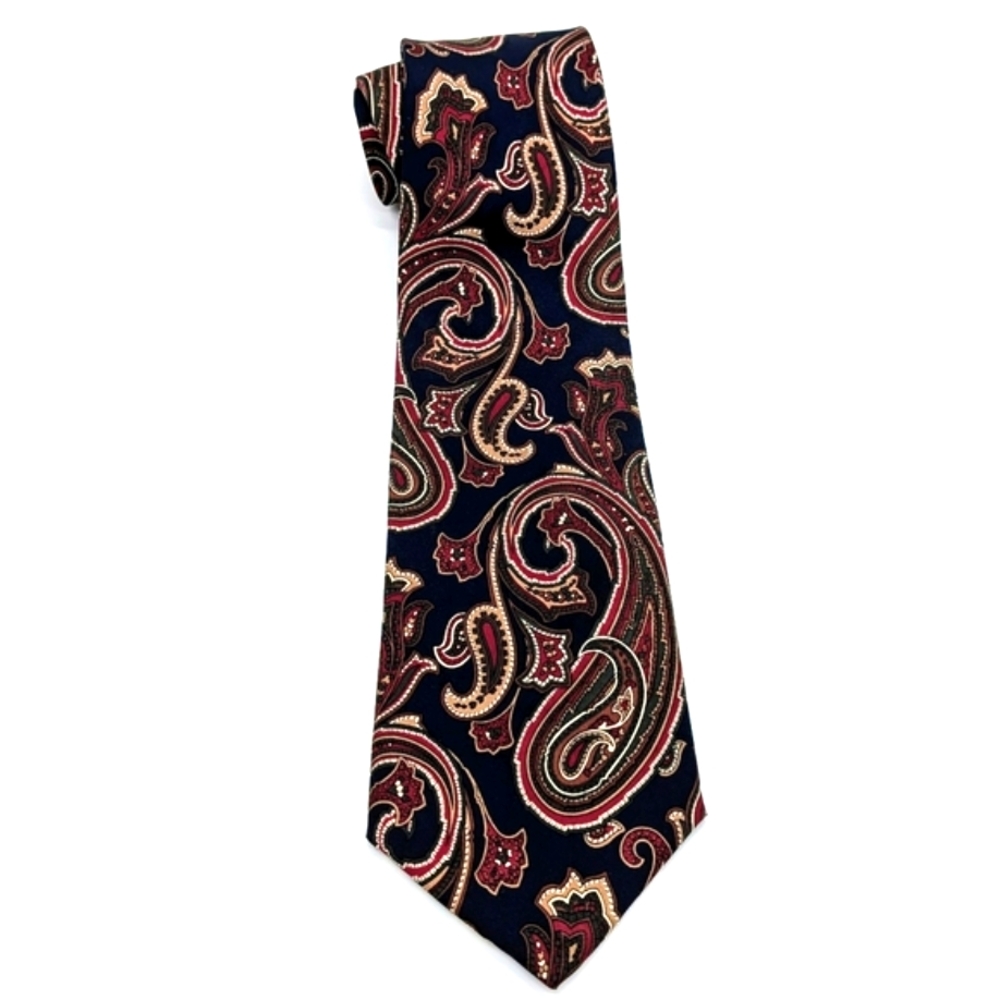 Paisley Men's Silk Tie - Bill Blass Blue Background Burgundy Tan Green
